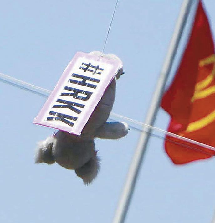 Push doll hanging from Vermont and 4th power line 