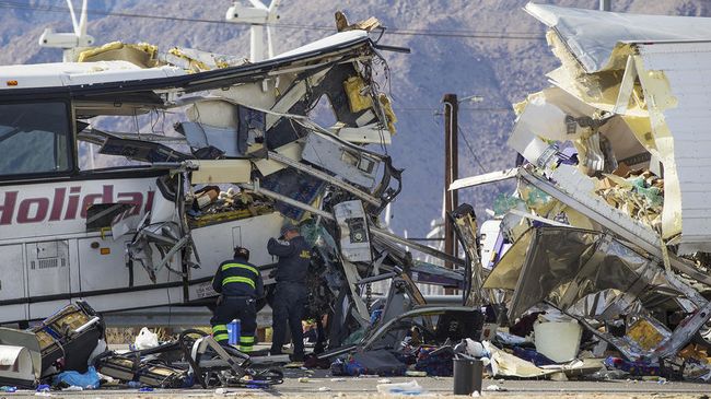 The bus was heavily destroyed after crashing into a trailer of a truck. [Photo provided by the Los Angeles Times] 