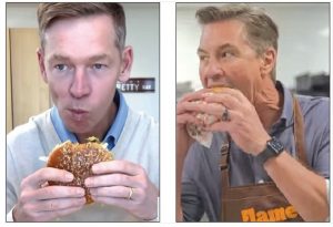 McDonald's CEO Chris Kempczinski (left) and Burger King President Tom Curtis (right) eating their respective burgers in a viral social media comparison.