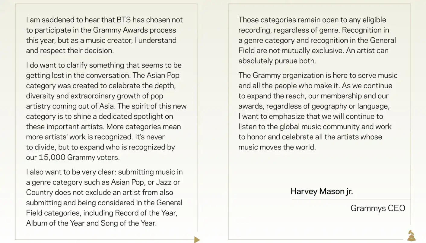 Grammys CEO BTS Non Participation