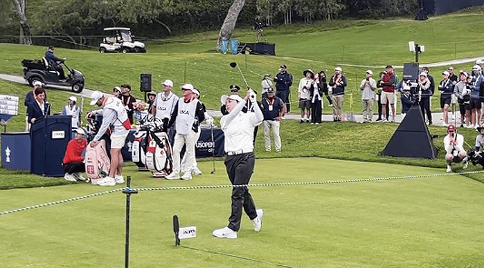 Hyo Joo Kim hits a tee shot on the 10th hole during the 2026 U.S. Women’s Open at Riviera Country Club.