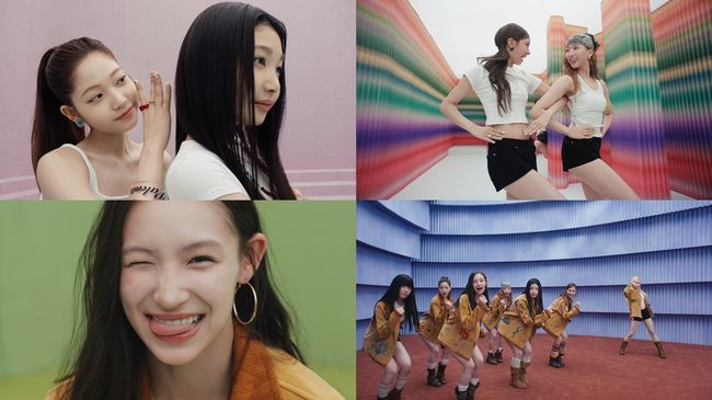 K-pop rookies TUIDE posing and dancing in colorful backgrounds.