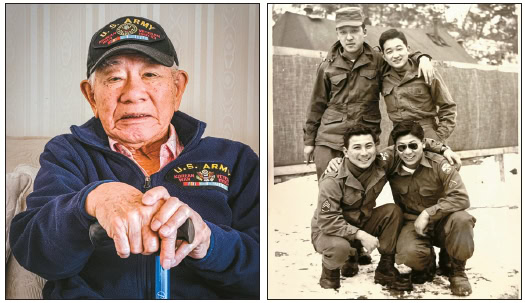 Korean War veteran Norio Uematsu and a wartime photo of Uematsu with Korean soldier William Suh during the Korean War.