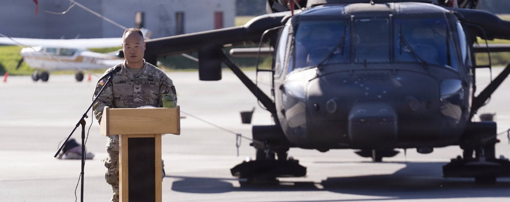 Col. David Kang speaks at the Alaska Army National Guard 38th Troop Command change-of-command ceremony at Joint Base Elmendorf-Richardson.
