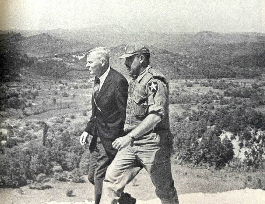 Alexis Johnson, left, tours the Korean Demilitarized Zone after the 1953 Korean War armistice.